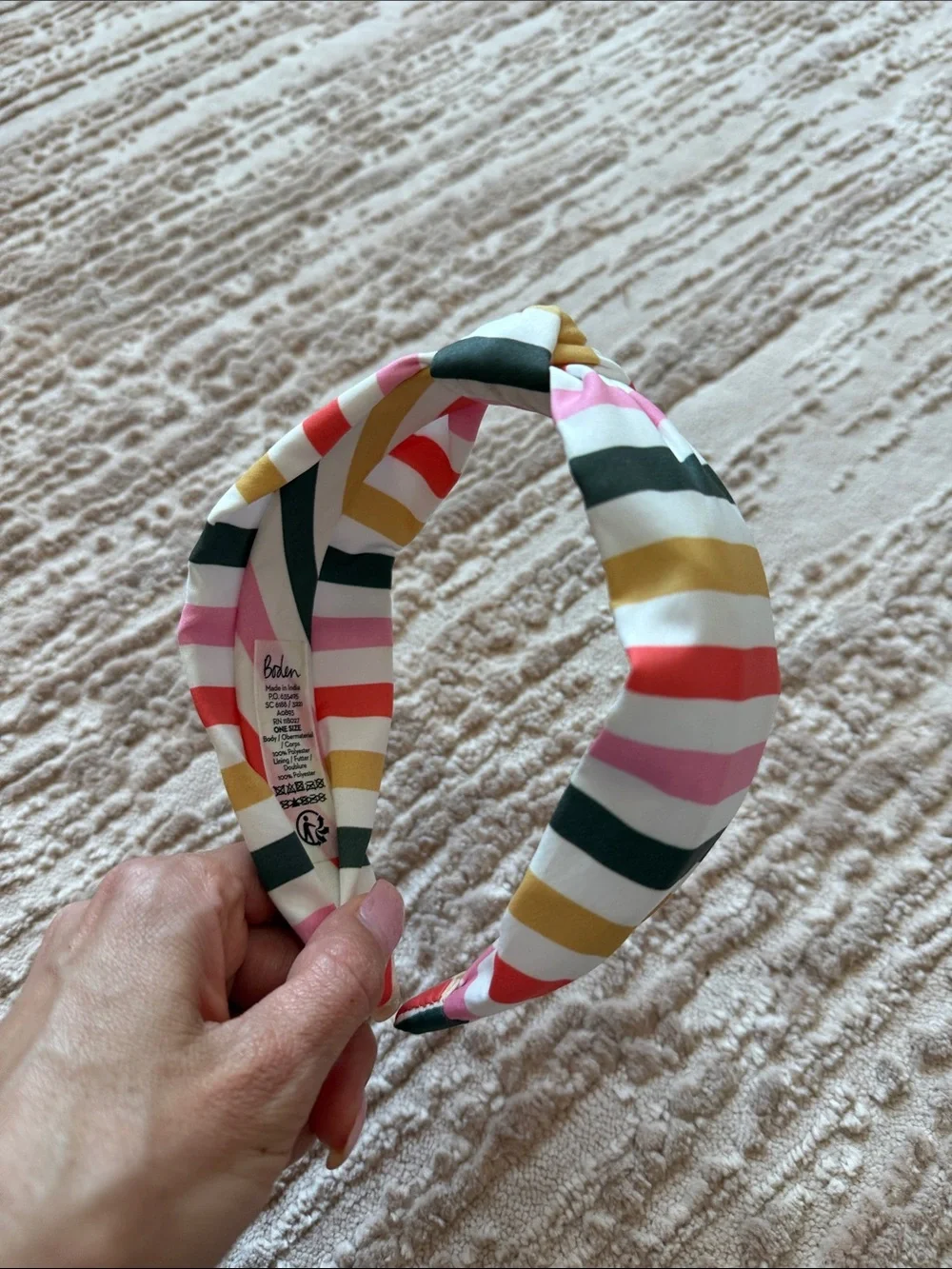 Boden Striped Rainbow Multi-Colored Knot Headband — Pink, Gold, Green & White